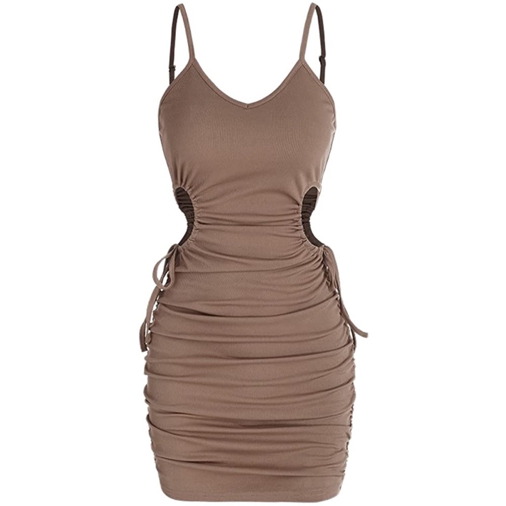 Ribbed V-Neck Waist Side Cutout Tie Ruched Slinky Bodycon Mini Dress Coffee S - Picture 1 of 15